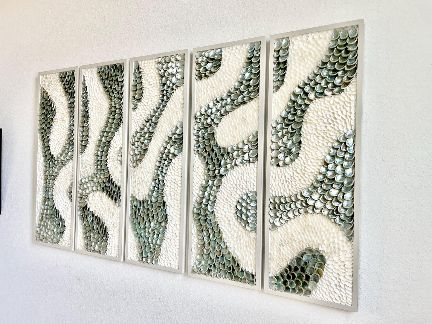 Minimalist Organic Shell Wall Art 5'x3' Modern Coastal Framed Abalone Clam Seashell Panels Textured Beach Hanging White Grey Silver