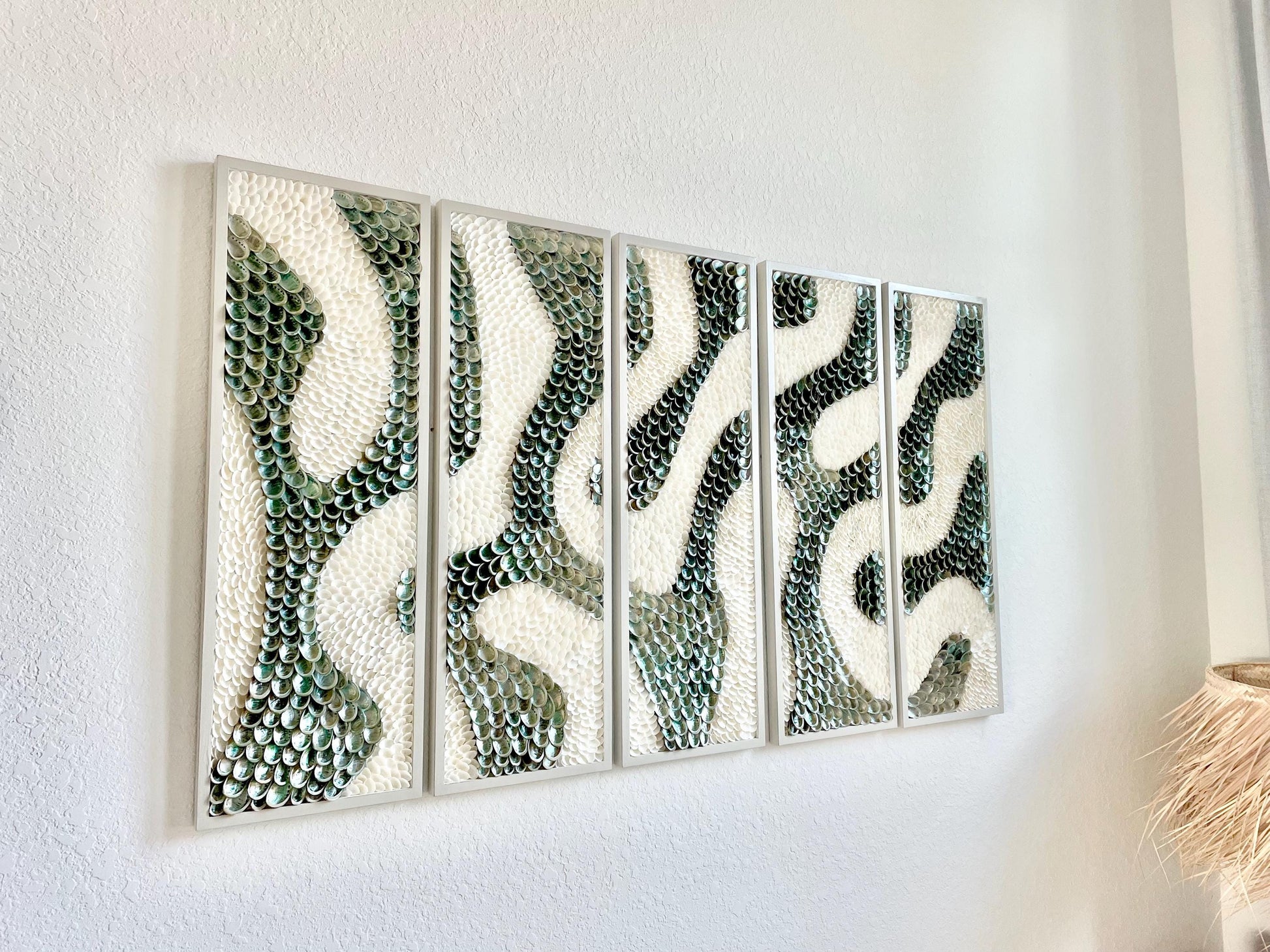 Minimalist Organic Shell Wall Art 5'x3' Modern Coastal Framed Abalone Clam Seashell Panels Textured Beach Hanging White Grey Silver