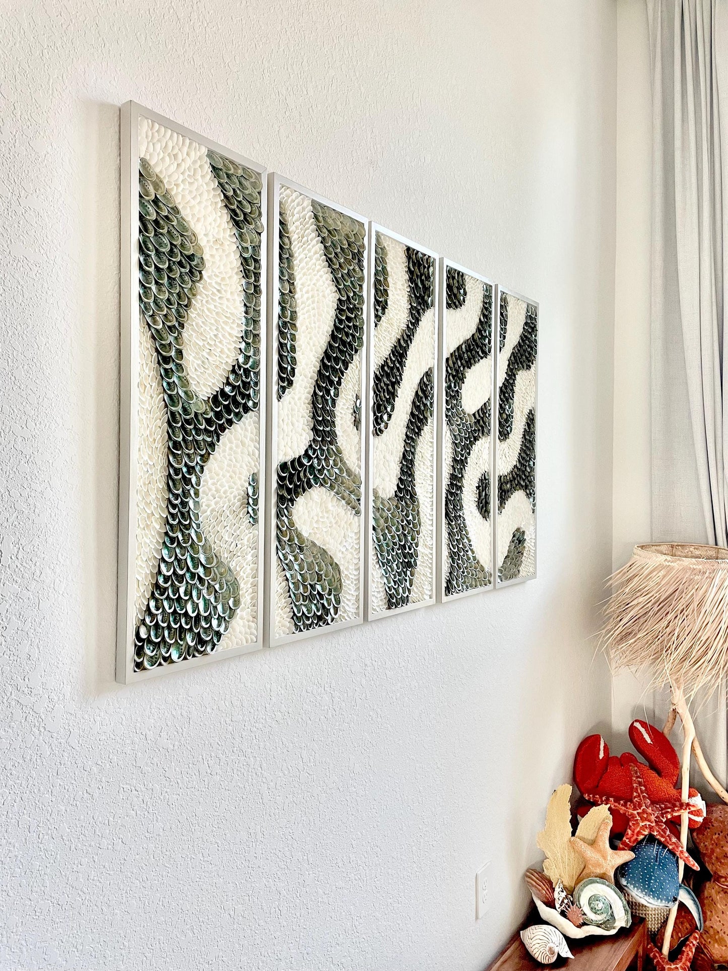 Minimalist Organic Shell Wall Art 5'x3' Modern Coastal Framed Abalone Clam Seashell Panels Textured Beach Hanging White Grey Silver