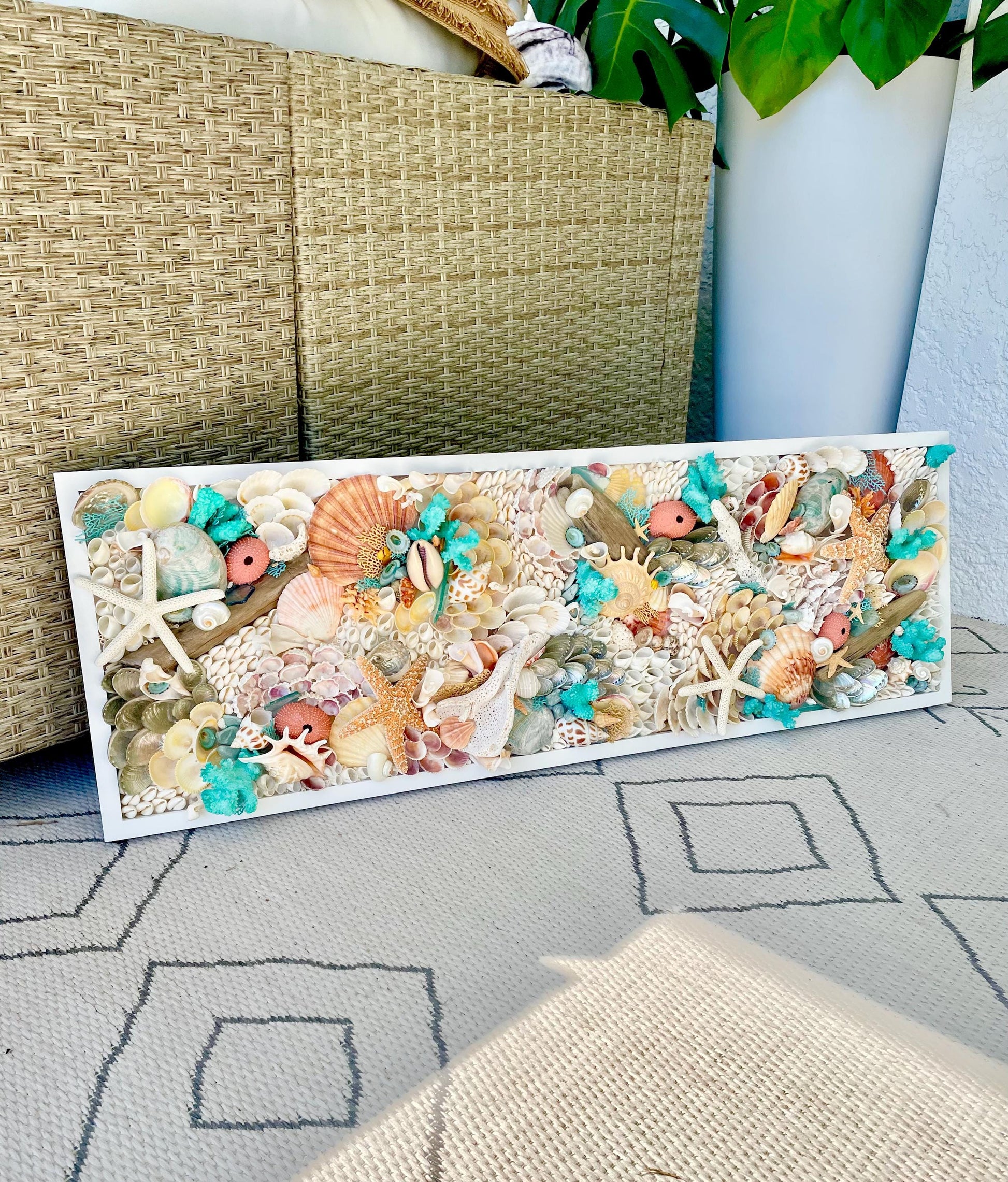 Seashell Wall Art Mermaid Collage 36x12" Handmade Coastal 3-D Dimensional Driftwood Urchins Coral White Beach Décor Turquoise & Coral