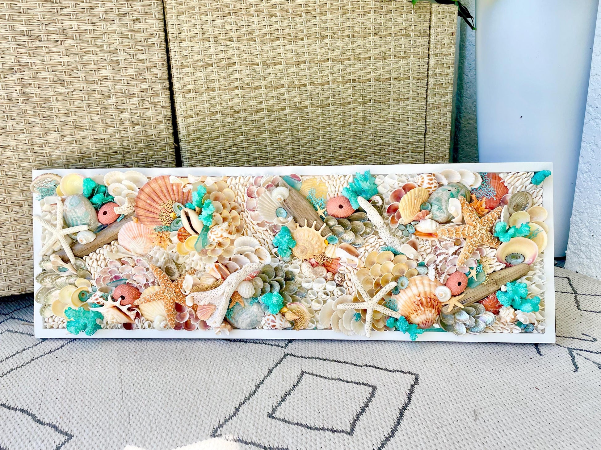 Seashell Wall Art Mermaid Collage 36x12" Handmade Coastal 3-D Dimensional Driftwood Urchins Coral White Beach Décor Turquoise & Coral