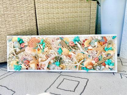 Seashell Wall Art Mermaid Collage 36x12" Handmade Coastal 3-D Dimensional Driftwood Urchins Coral White Beach Décor Turquoise & Coral