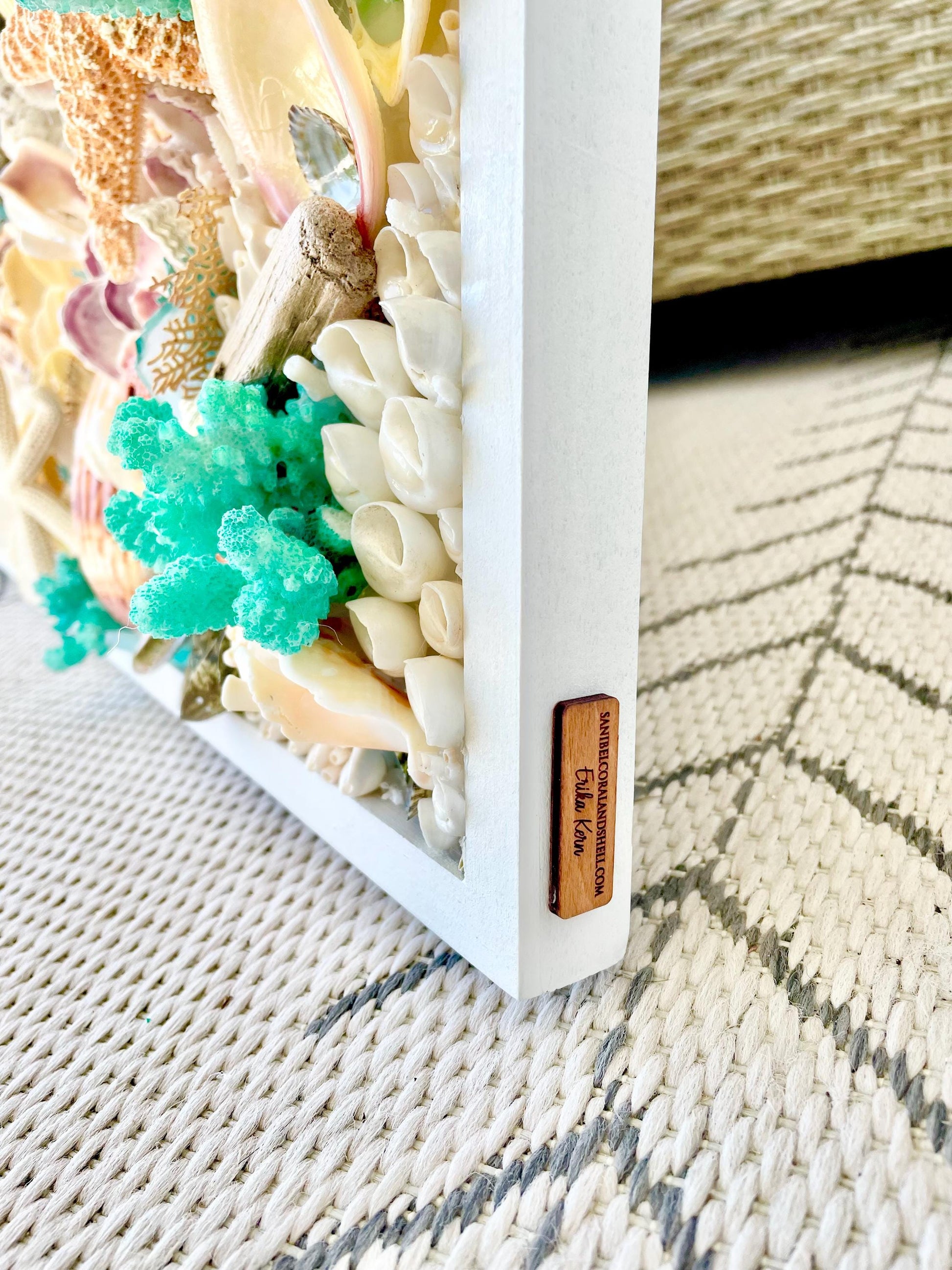 Seashell Wall Art Mermaid Collage 36x12" Handmade Coastal 3-D Dimensional Driftwood Urchins Coral White Beach Décor Turquoise & Coral