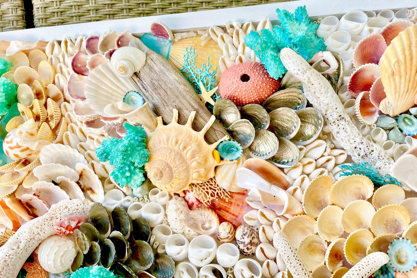 Seashell Wall Art Mermaid Collage 36x12" Handmade Coastal 3-D Dimensional Driftwood Urchins Coral White Beach Décor Turquoise & Coral