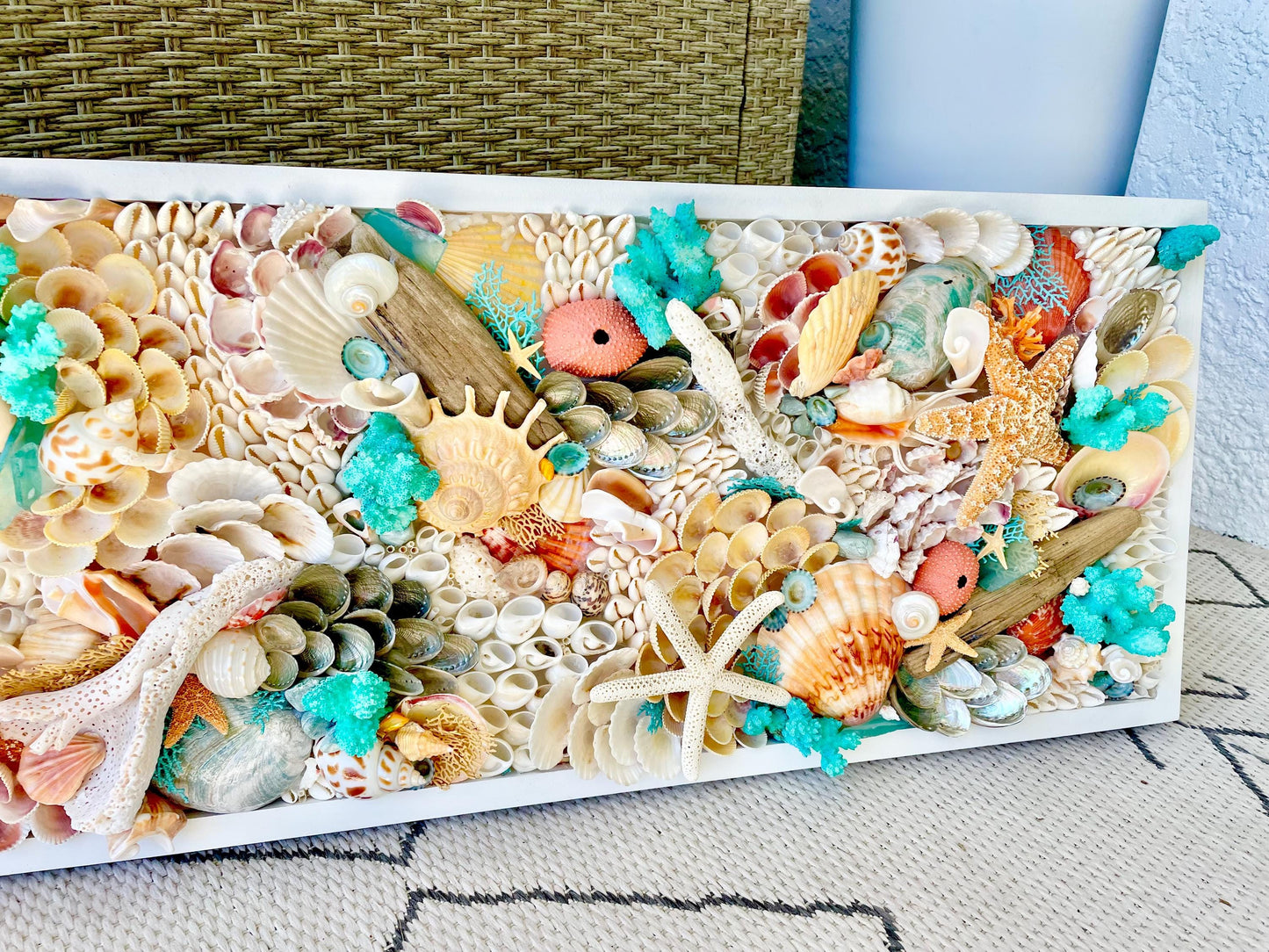 Seashell Wall Art Mermaid Collage 36x12" Handmade Coastal 3-D Dimensional Driftwood Urchins Coral White Beach Décor Turquoise & Coral