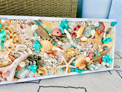 Seashell Wall Art Mermaid Collage 36x12" Handmade Coastal 3-D Dimensional Driftwood Urchins Coral White Beach Décor Turquoise & Coral