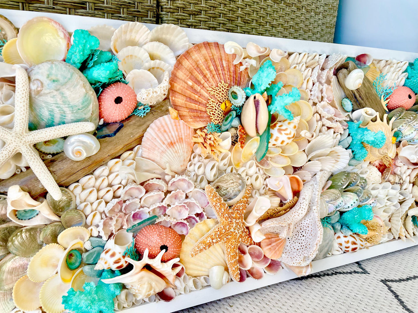 Seashell Wall Art Mermaid Collage 36x12" Handmade Coastal 3-D Dimensional Driftwood Urchins Coral White Beach Décor Turquoise & Coral