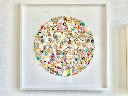 Modern Colorful Framed Shadowbox Coastal Shell Wall Art 31" Square Natural Beach House Décor