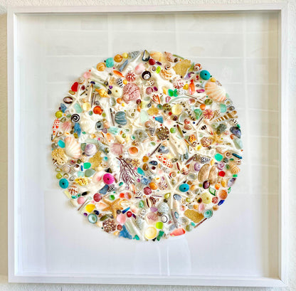 Modern Colorful Framed Shadowbox Coastal Shell Wall Art 31" Square Natural Beach House Décor