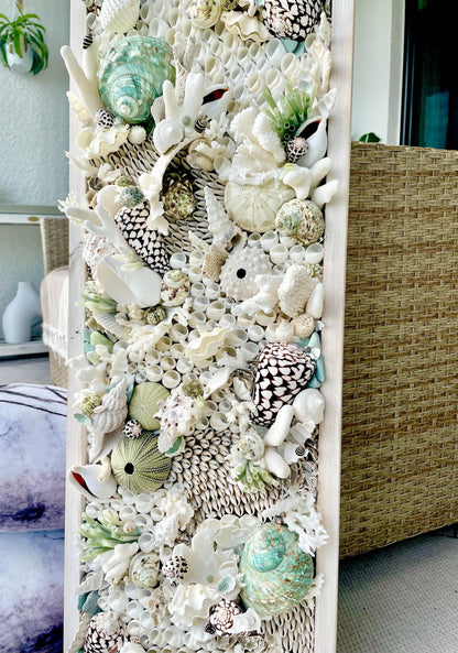 Seashell Modern Coastal Wall Art Natural Textured Sea shells Urchins Coral 32" x 12" Beach House Décor White Black Green