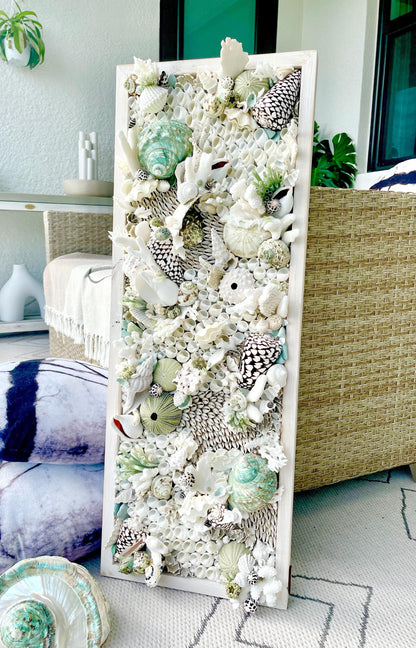 Seashell Modern Coastal Wall Art Natural Textured Sea shells Urchins Coral 32" x 12" Beach House Décor White Black Green