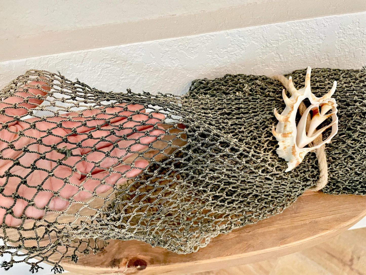 Recycled 4x9' Decorative Fish Net Green Grey Sliced Shell Coastal Beach Table Cloth Sustainable
