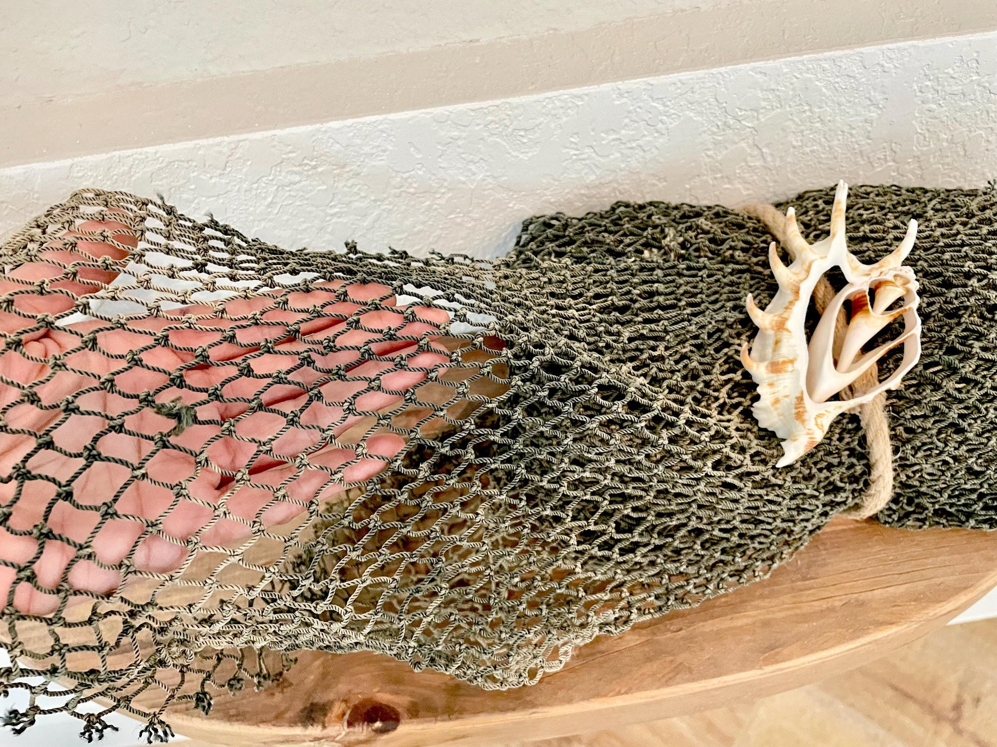 Recycled 4x9' Decorative Fish Net Green Grey Sliced Shell Coastal Beach Table Cloth Sustainable