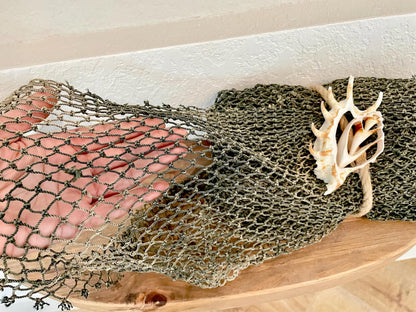 Recycled 4x9' Decorative Fish Net Green Grey Sliced Shell Coastal Beach Table Cloth Sustainable