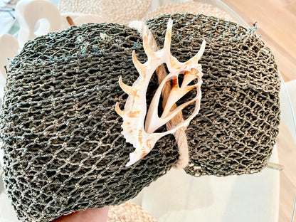 Recycled 4x9' Decorative Fish Net Green Grey Sliced Shell Coastal Beach Table Cloth Sustainable