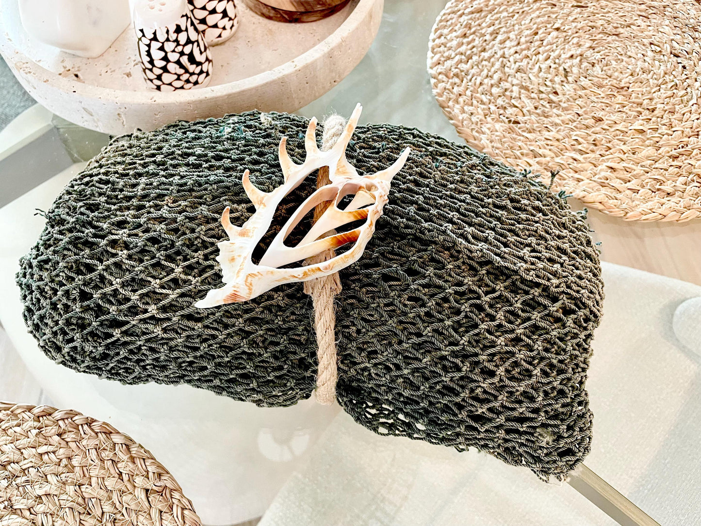 Recycled 4x9' Decorative Fish Net Green Grey Sliced Shell Coastal Beach Table Cloth Sustainable