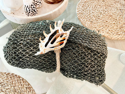 Recycled 4x9' Decorative Fish Net Green Grey Sliced Shell Coastal Beach Table Cloth Sustainable
