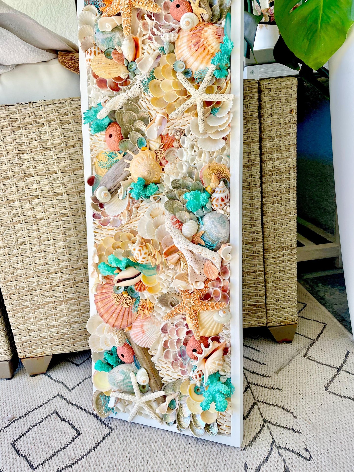 Seashell Wall Art Mermaid Collage 36x12" Handmade Coastal 3-D Dimensional Driftwood Urchins Coral White Beach Décor Turquoise & Coral