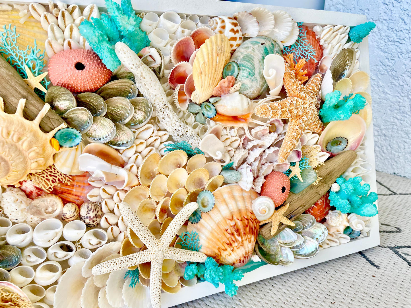 Seashell Wall Art Mermaid Collage 36x12" Handmade Coastal 3-D Dimensional Driftwood Urchins Coral White Beach Décor Turquoise & Coral