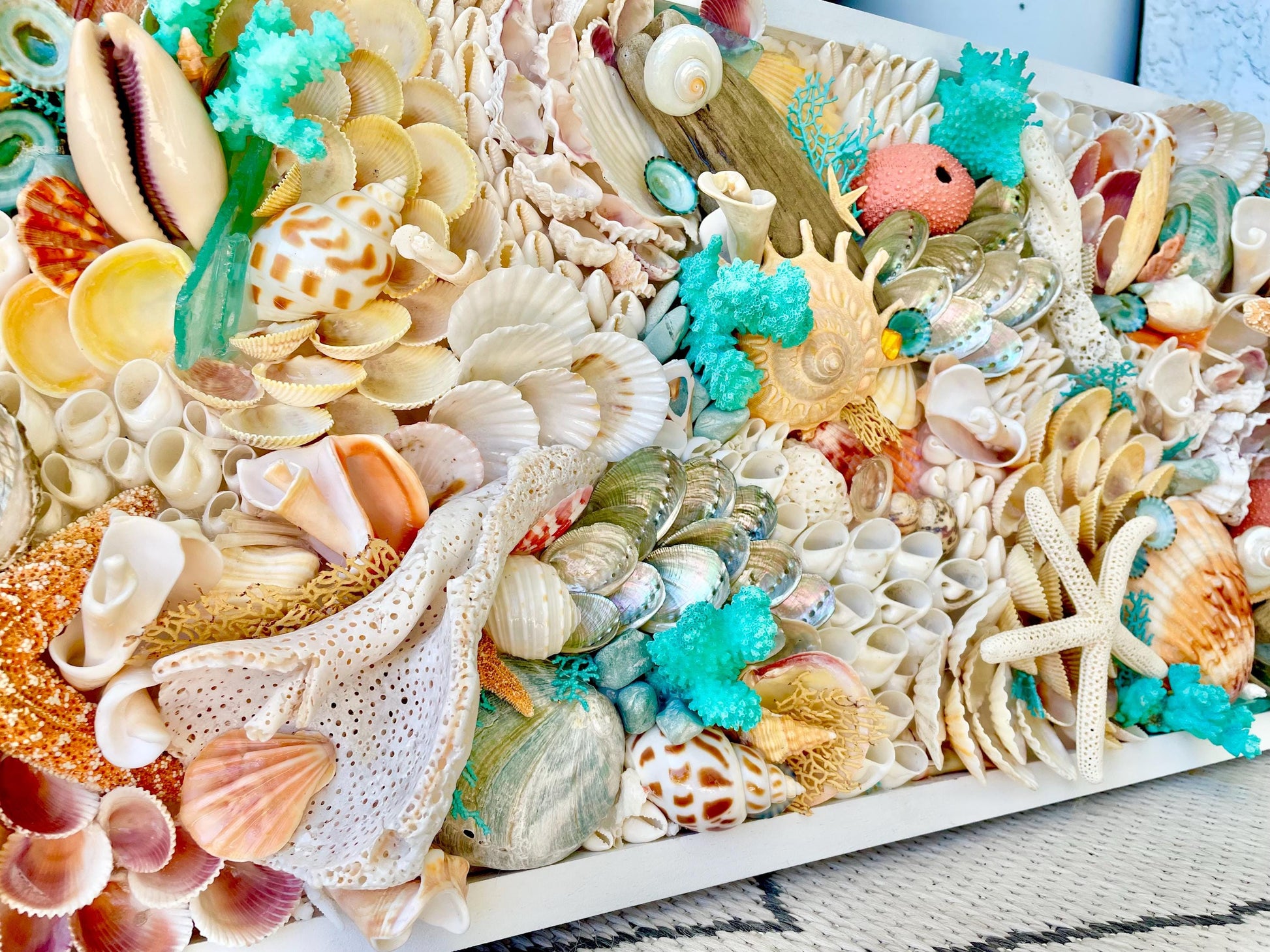 Seashell Wall Art Mermaid Collage 36x12" Handmade Coastal 3-D Dimensional Driftwood Urchins Coral White Beach Décor Turquoise & Coral