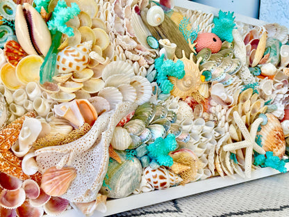 Seashell Wall Art Mermaid Collage 36x12" Handmade Coastal 3-D Dimensional Driftwood Urchins Coral White Beach Décor Turquoise & Coral