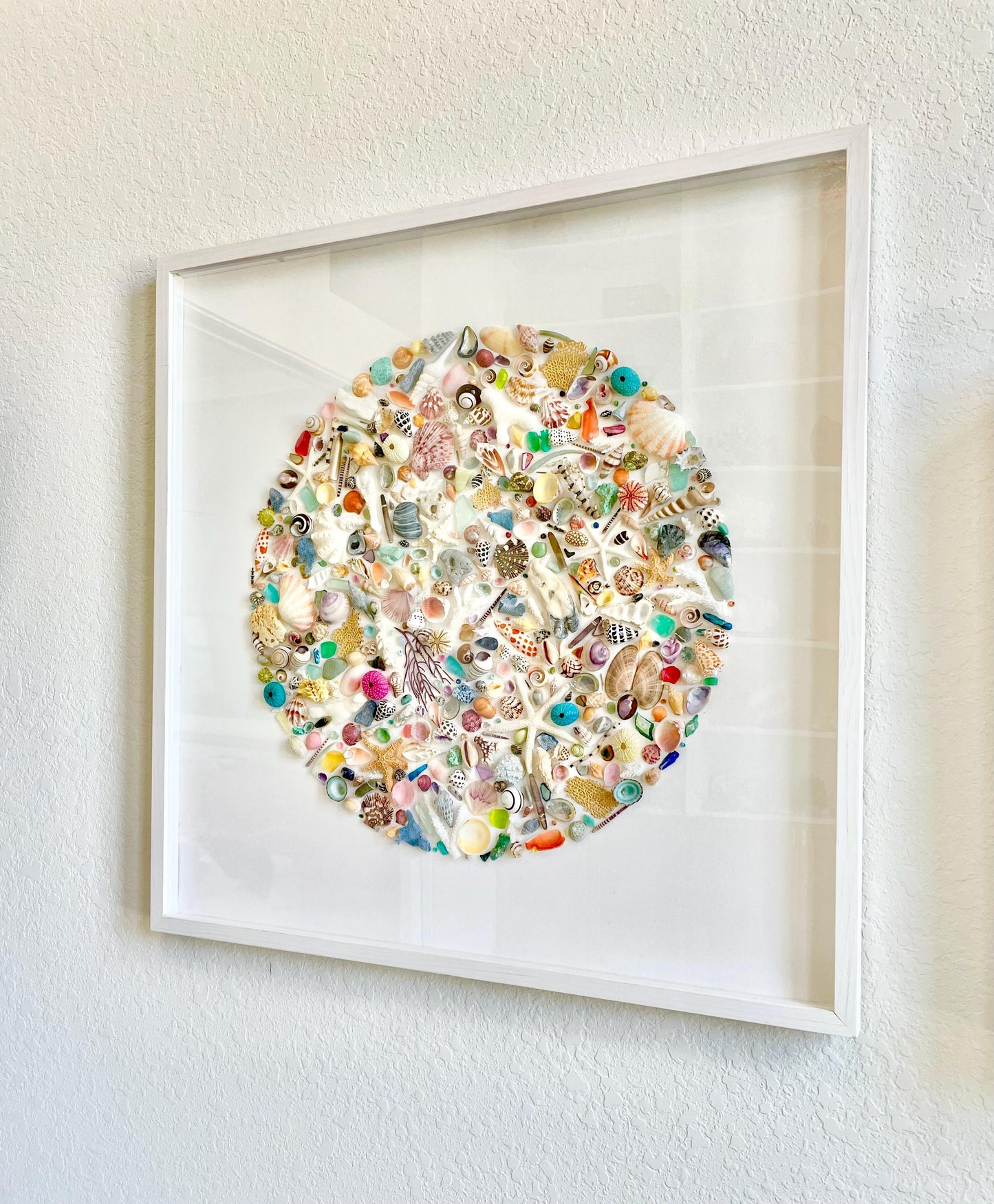 Modern Colorful Framed Shadowbox Coastal Shell Wall Art 31" Square Natural Beach House Décor