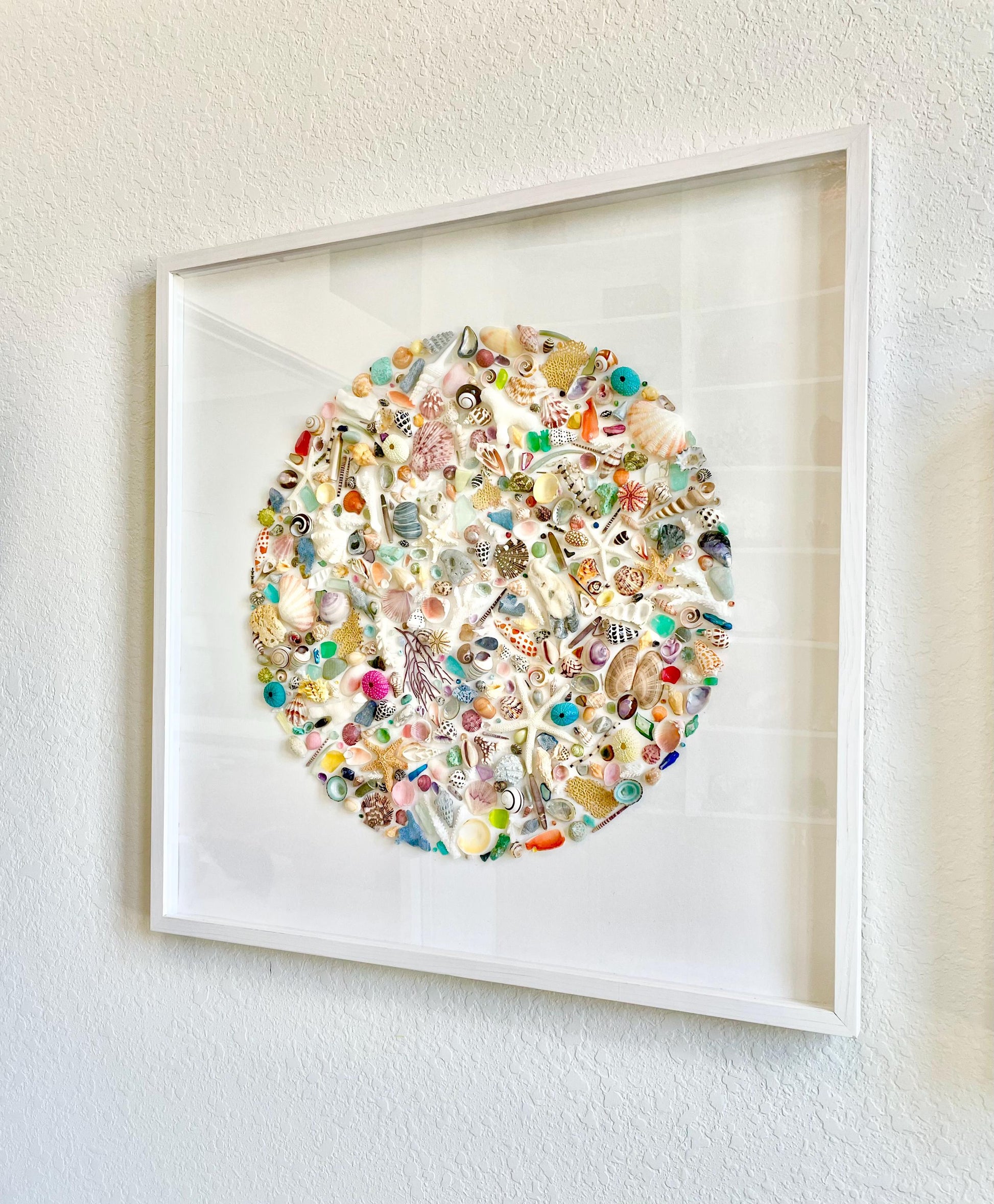 Modern Colorful Framed Shadowbox Coastal Shell Wall Art 31" Square Natural Beach House Décor