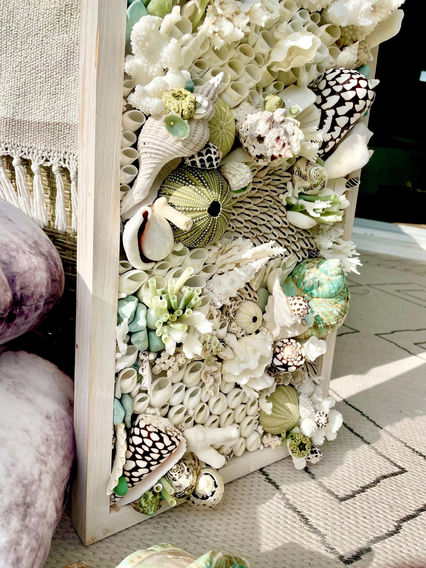 Seashell Modern Coastal Wall Art Natural Textured Sea shells Urchins Coral 32" x 12" Beach House Décor White Black Green