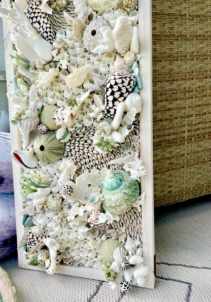 Seashell Modern Coastal Wall Art Natural Textured Sea shells Urchins Coral 32" x 12" Beach House Décor White Black Green