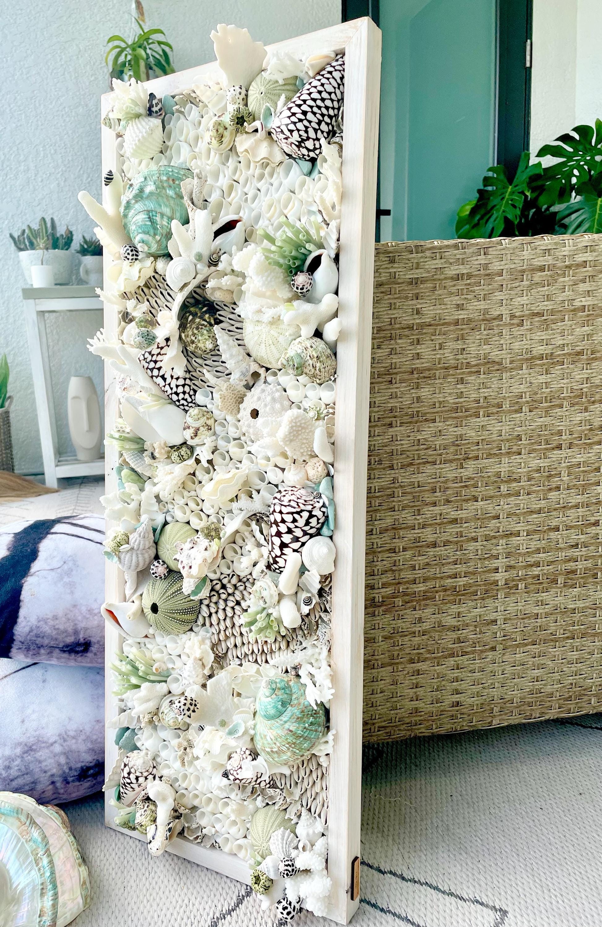 Seashell Modern Coastal Wall Art Natural Textured Sea shells Urchins Coral 32" x 12" Beach House Décor White Black Green