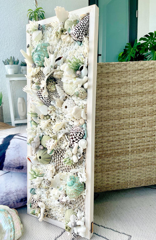 Seashell Modern Coastal Wall Art Natural Textured Sea shells Urchins Coral 32" x 12" Beach House Décor White Black Green