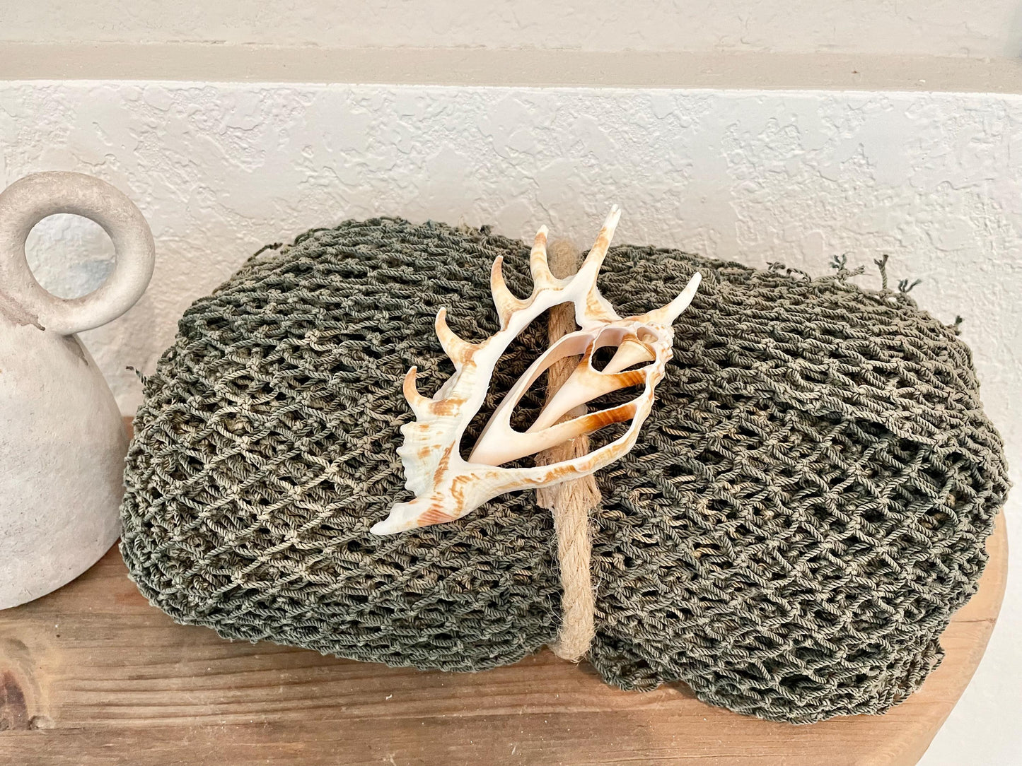 Recycled 4x9' Decorative Fish Net Green Grey Sliced Shell Coastal Beach Table Cloth Sustainable