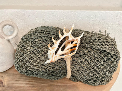 Recycled 4x9' Decorative Fish Net Green Grey Sliced Shell Coastal Beach Table Cloth Sustainable