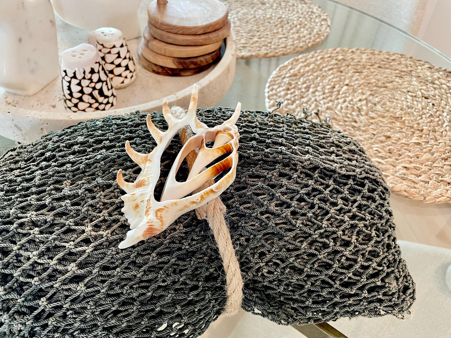 Recycled 4x9' Decorative Fish Net Green Grey Sliced Shell Coastal Beach Table Cloth Sustainable