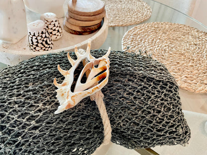 Recycled 4x9' Decorative Fish Net Green Grey Sliced Shell Coastal Beach Table Cloth Sustainable