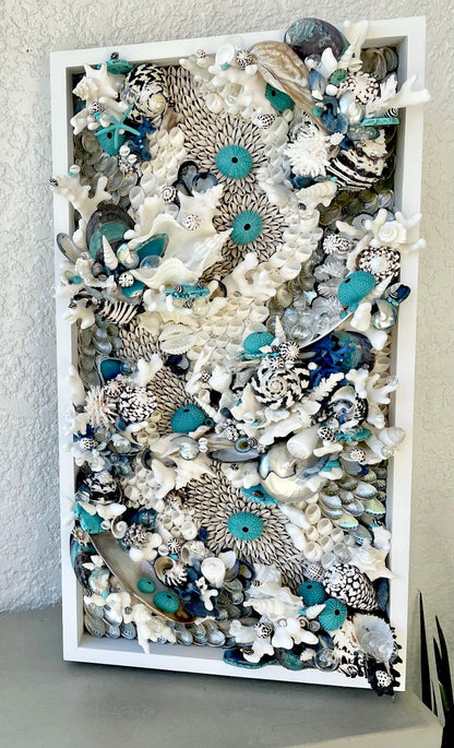 Feeling Bubbly Seashell Wall Art: Textured Coastal Décor, 30x15" Turquoise Blue