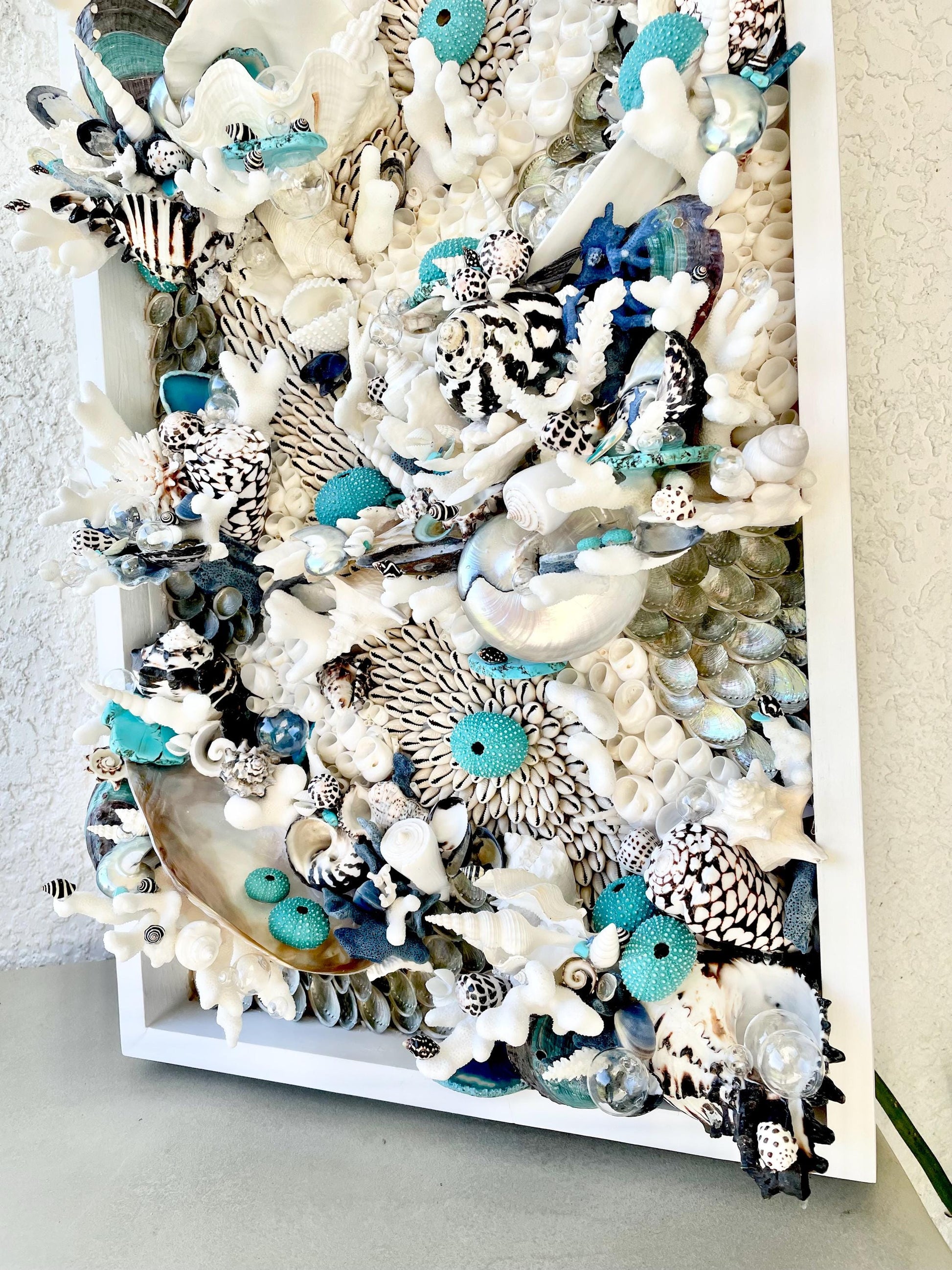 Feeling Bubbly Seashell Wall Art: Textured Coastal Décor, 30x15" Turquoise Blue