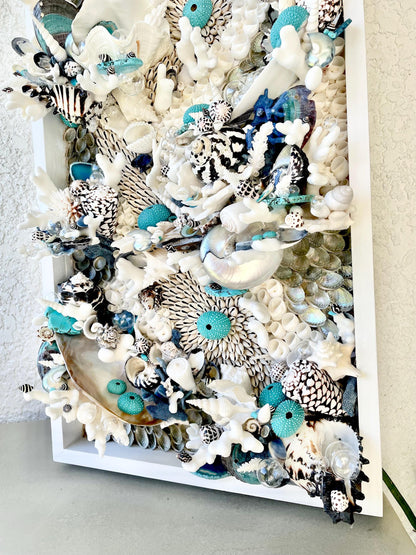 Feeling Bubbly Seashell Wall Art: Textured Coastal Décor, 30x15" Turquoise Blue