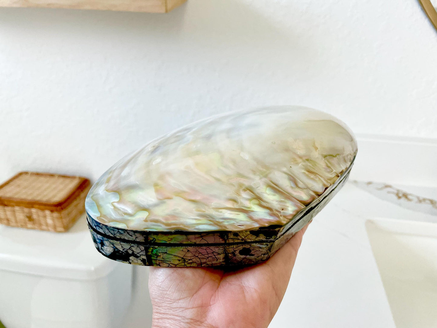 Handmade 8" Mussel Shell Jewelry Gift Box Iridescent Mother of Pearl Coastal Décor