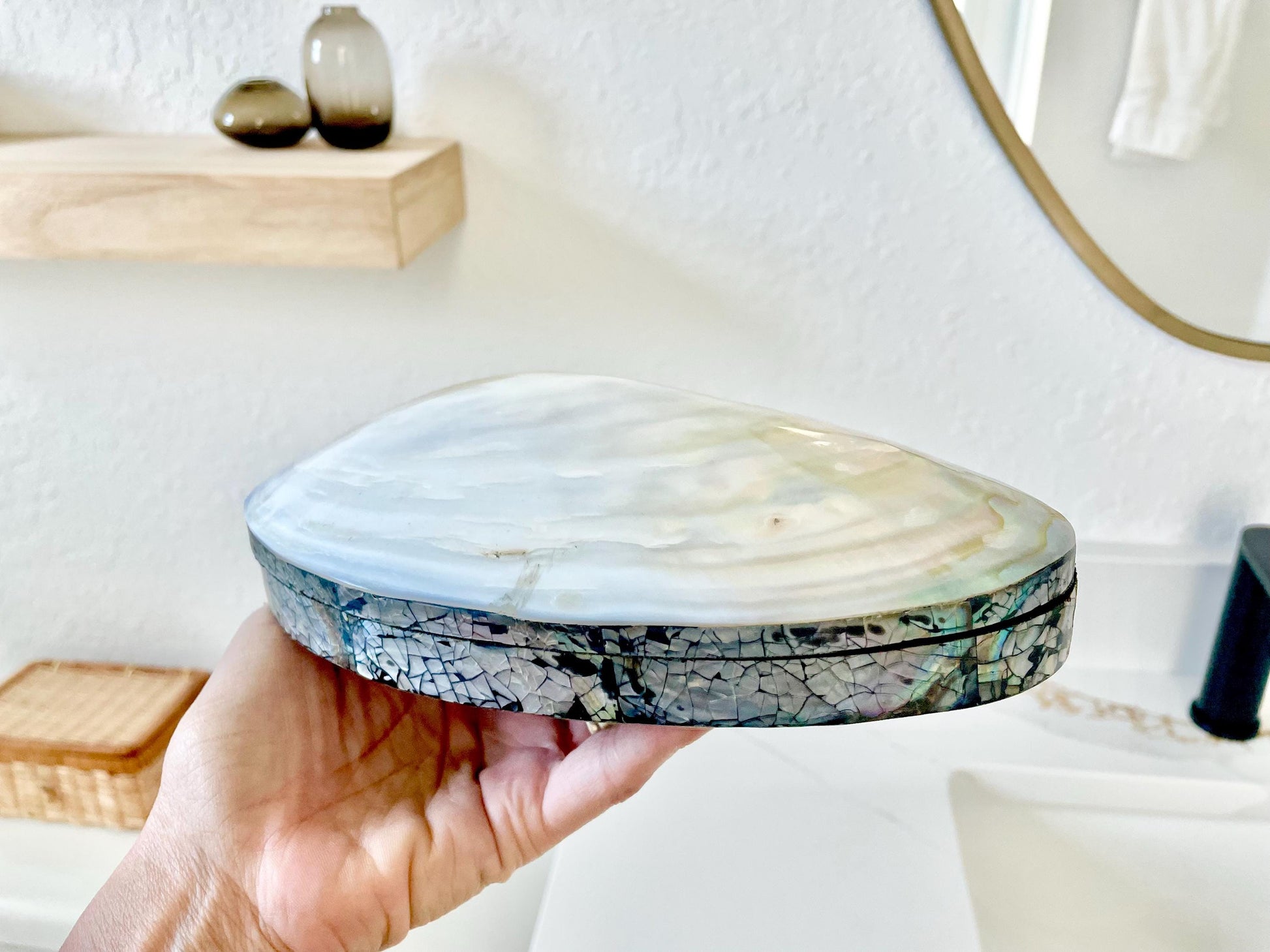 Handmade 8" Mussel Shell Jewelry Gift Box Iridescent Mother of Pearl Coastal Décor