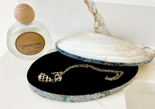 Handmade 8" Mussel Shell Jewelry Gift Box Iridescent Mother of Pearl Coastal Décor