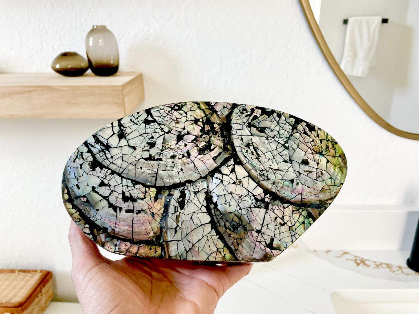 Handmade 8" Mussel Shell Jewelry Gift Box Iridescent Mother of Pearl Coastal Décor