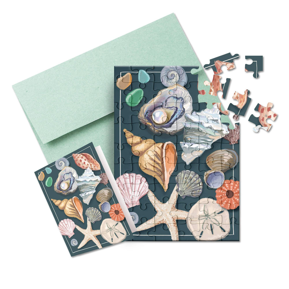 Seashells Puzzle Greeting Card: Beachy Coastal Lovers Gift