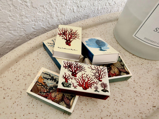 Vintage Coral Sea Fan Decorative Matchboxes – Set of 6 – Coastal Home Décor & Nautical Gift