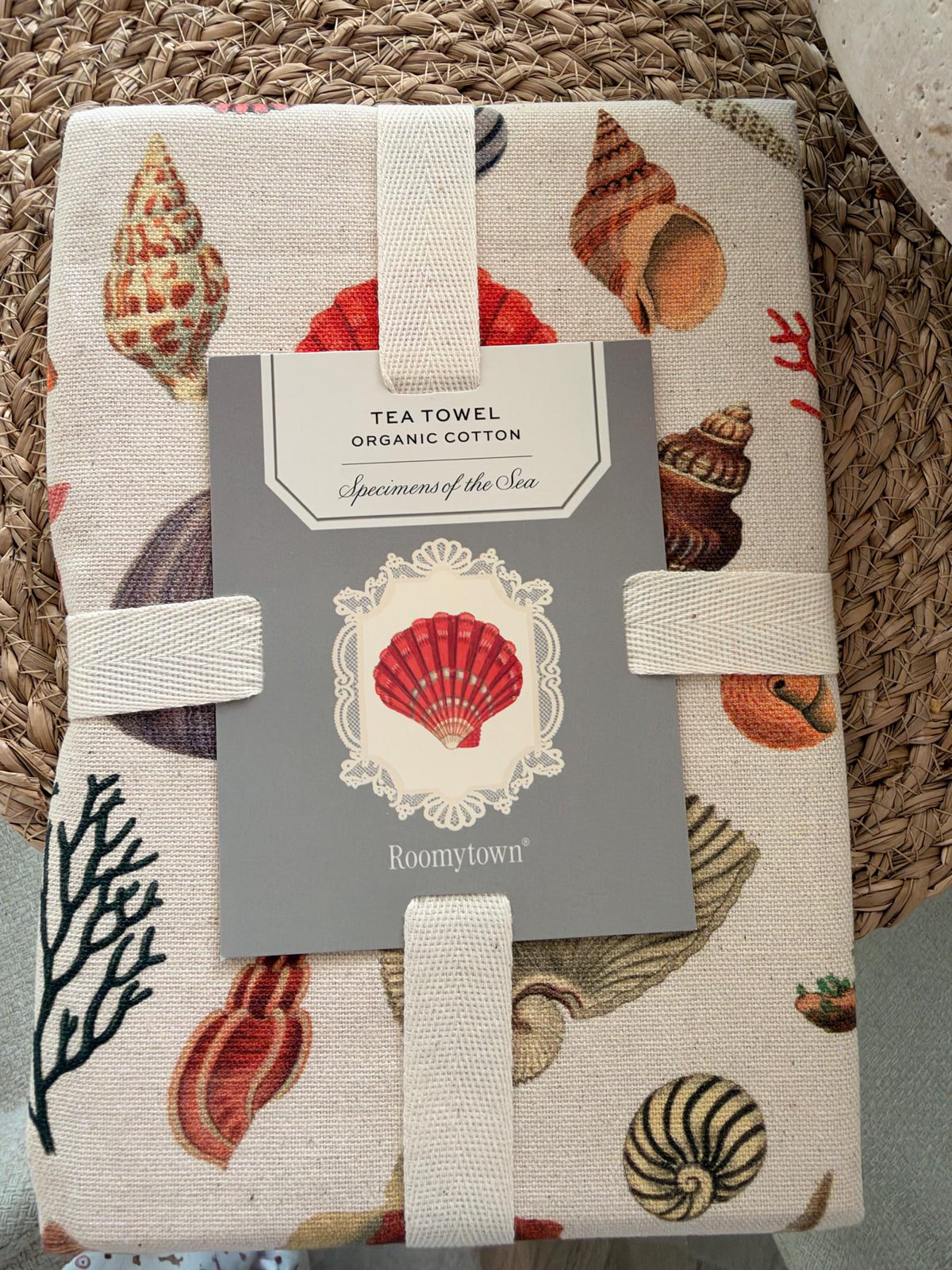 Vintage Seashell Specimens of the Sea, Organic Cotton Tea Towel Coastal Kitchen Décor