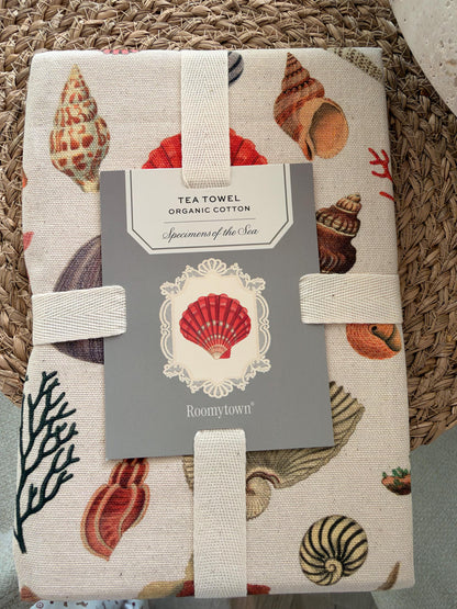 Vintage Seashell Specimens of the Sea, Organic Cotton Tea Towel Coastal Kitchen Décor