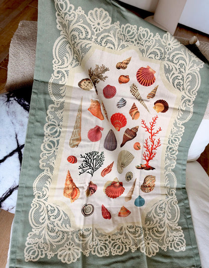 Vintage Seashell Specimens of the Sea, Organic Cotton Tea Towel Coastal Kitchen Décor