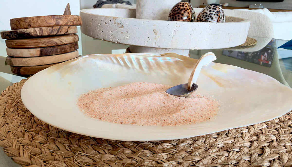 Handcrafted Mother of Pearl Clam Dish & Cowrie Shell Spoon Set, Coastal Décor Gift