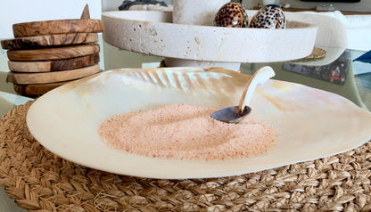 Handcrafted Mother of Pearl Clam Dish & Cowrie Shell Spoon Set, Coastal Décor Gift