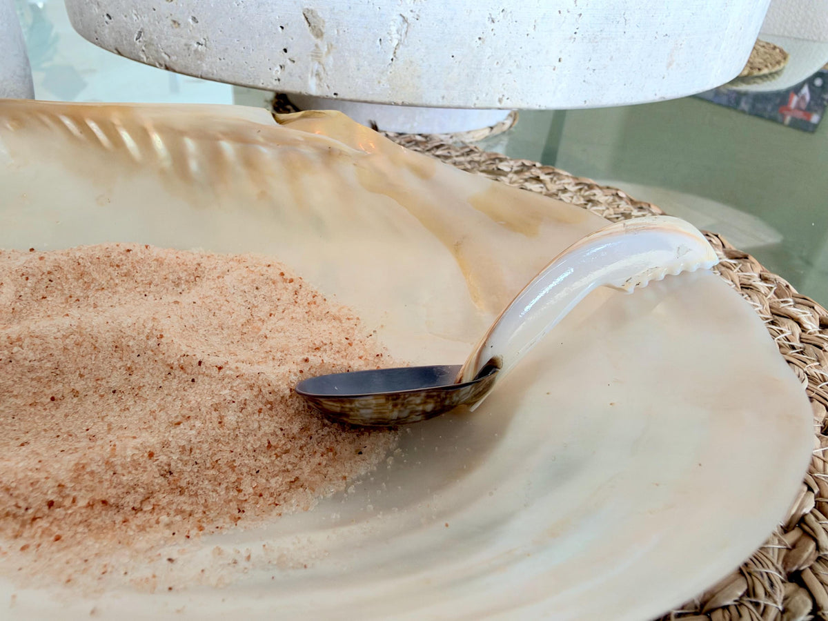 Handcrafted Mother of Pearl Clam Dish & Cowrie Shell Spoon Set, Coastal Décor Gift